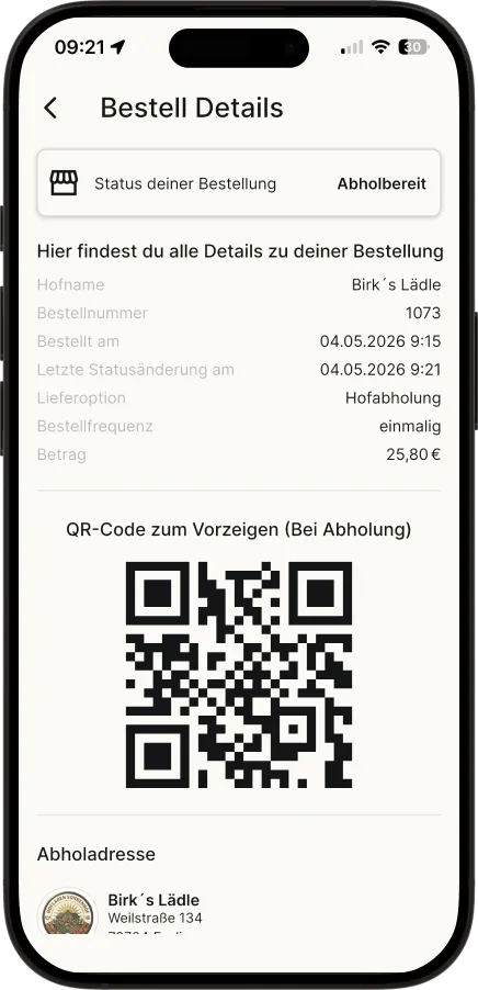 Bestelldetails in der Hofly-App: Status „Abholbereit“ und der QR-Code zum Vorzeigen