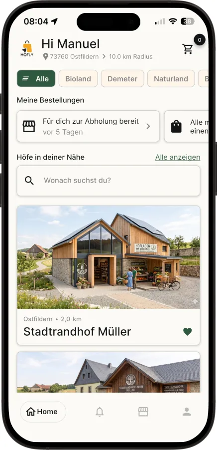 Startbildschirm der Hofly-App: Höfe in der Nähe mit Filtern für Bioland, Demeter und Naturland
